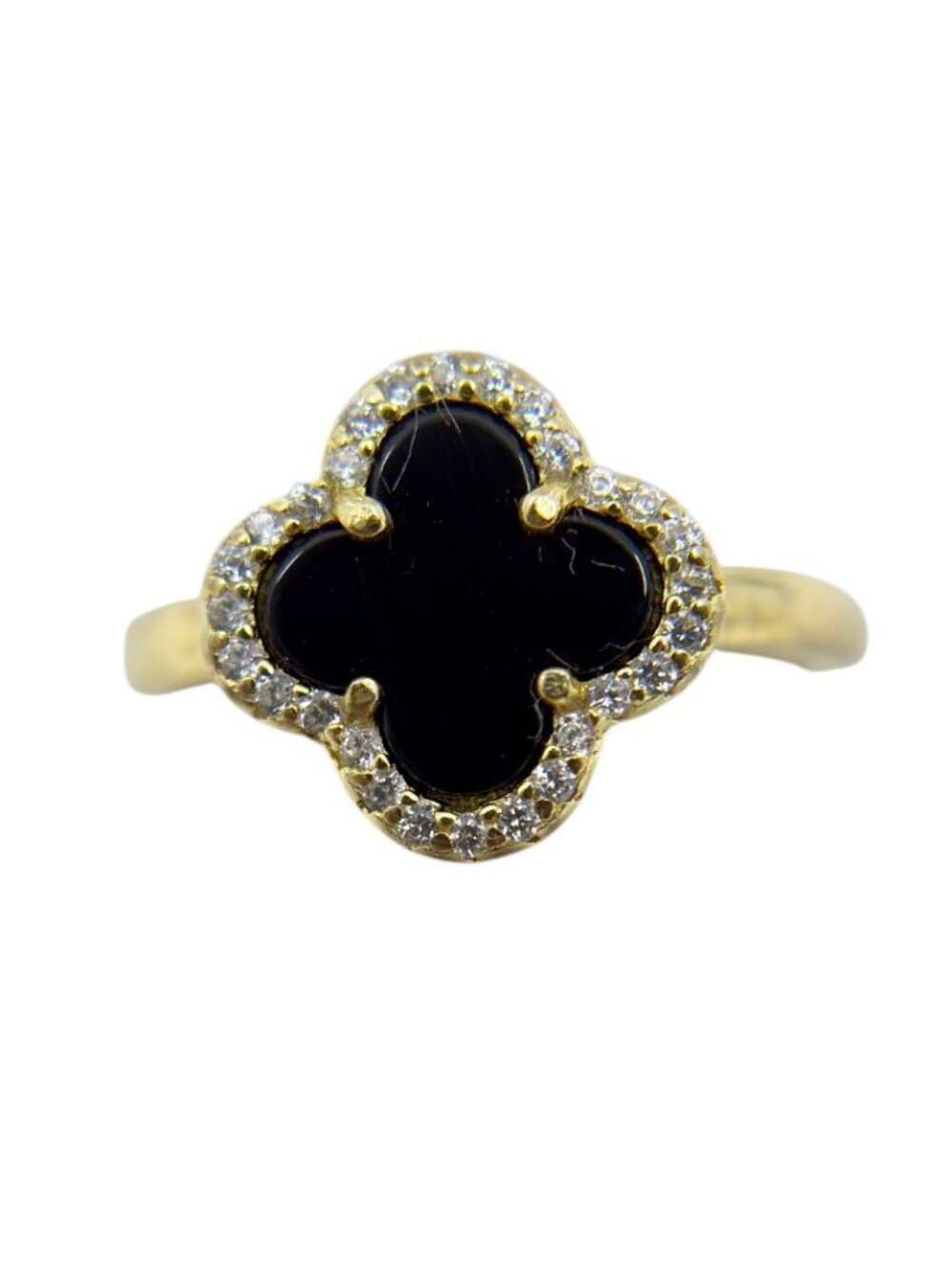 Gold Vermeil 925 sterling silver onyx & cubic zirconia clover ring - GM1247